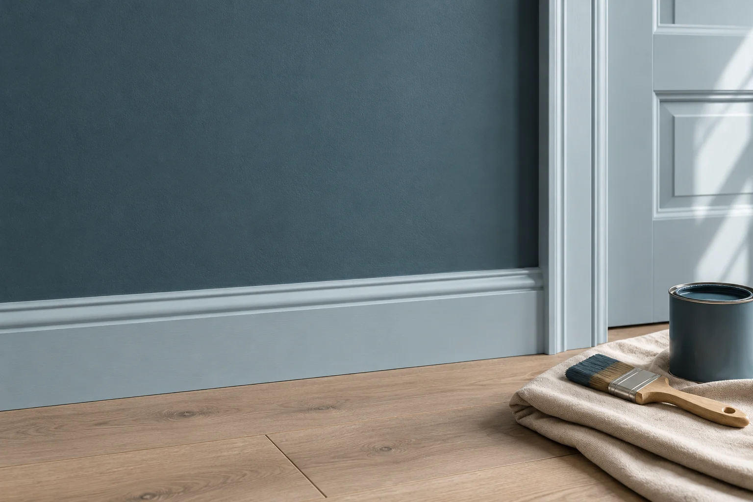 Blue painted wall and pale woodwork with a brush and paint tin